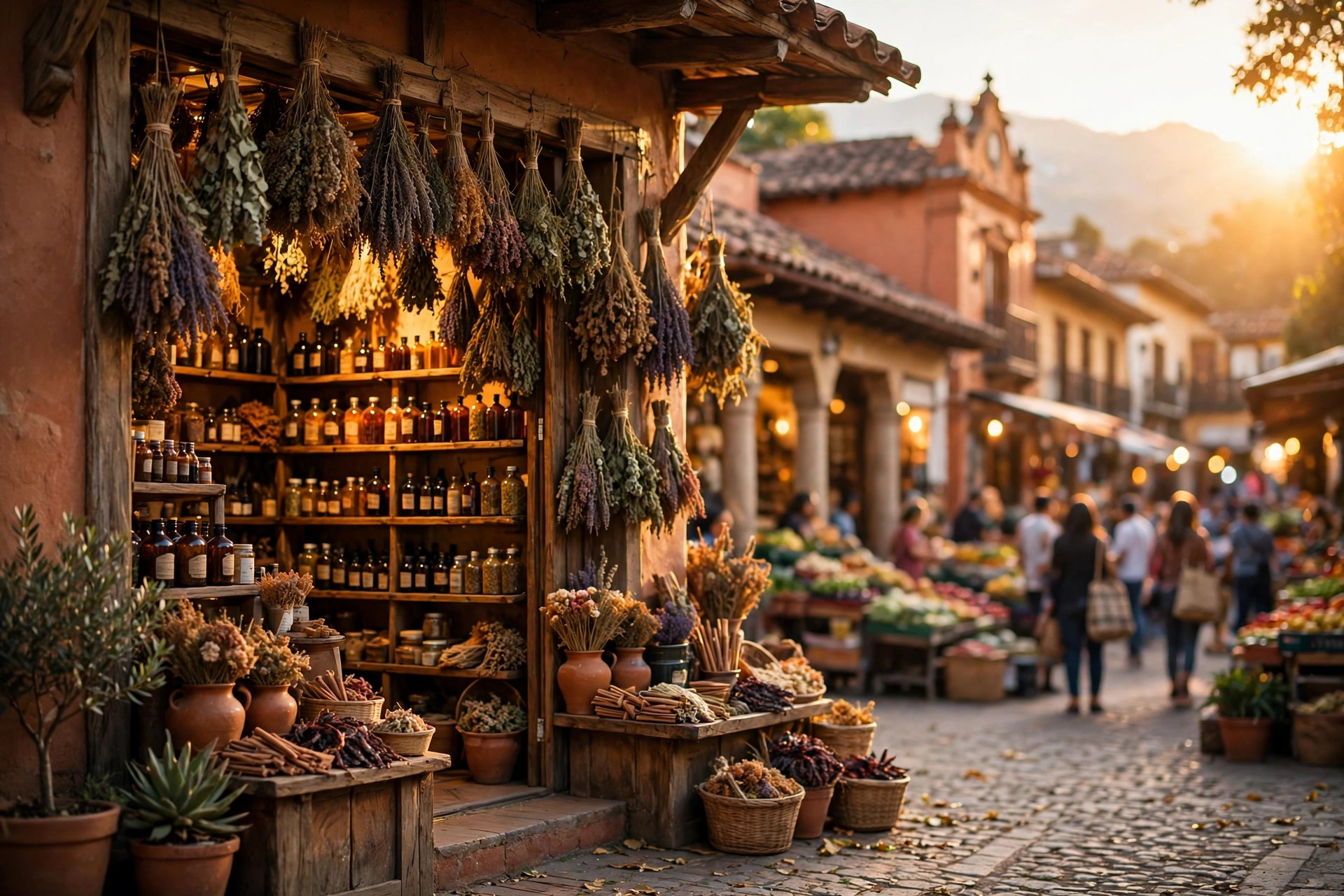 La botica naturista al atardecer en la plaza de mercado, con hierbas y frascos de productos naturales