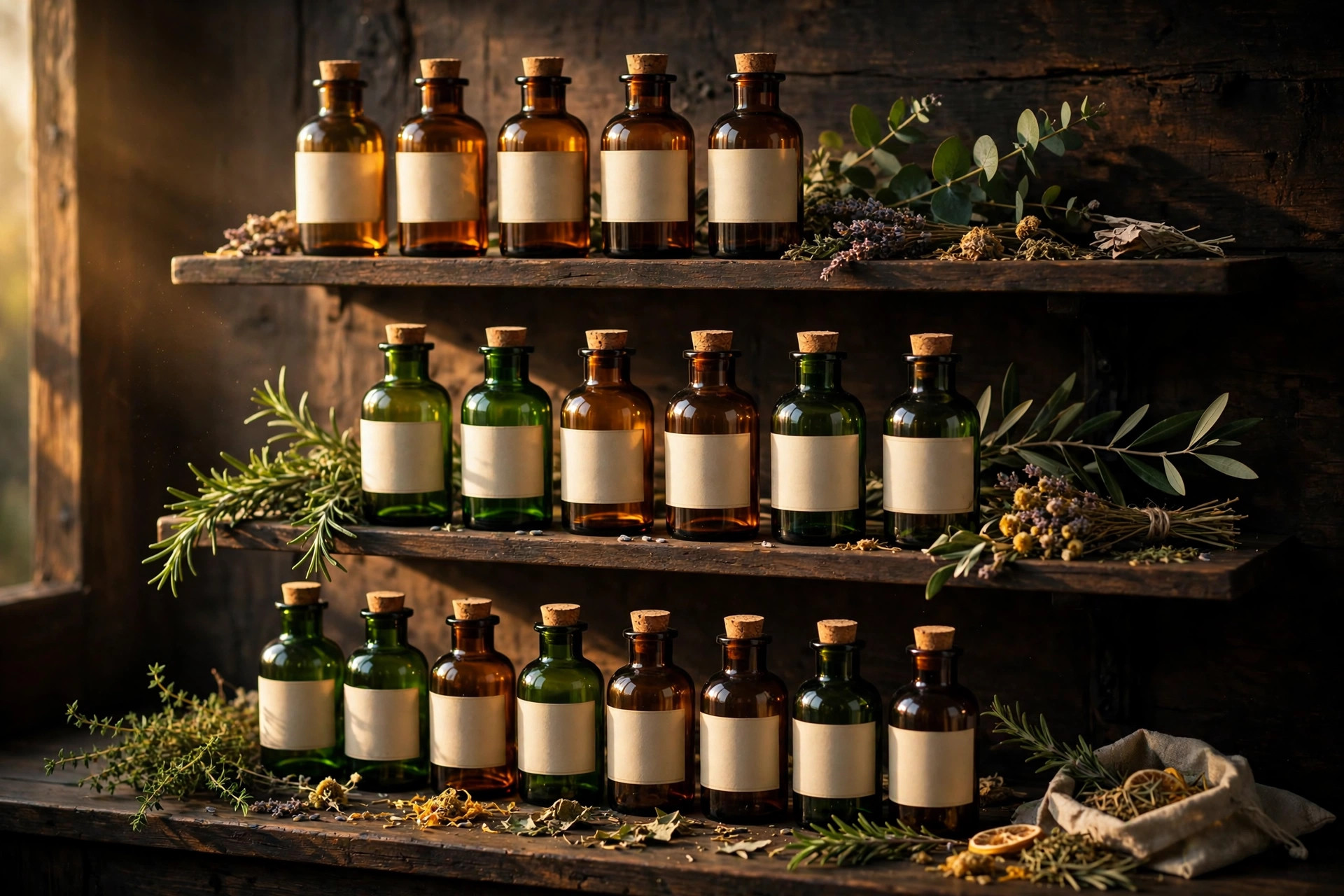 Frascos de productos naturales artesanales en los estantes de la botica