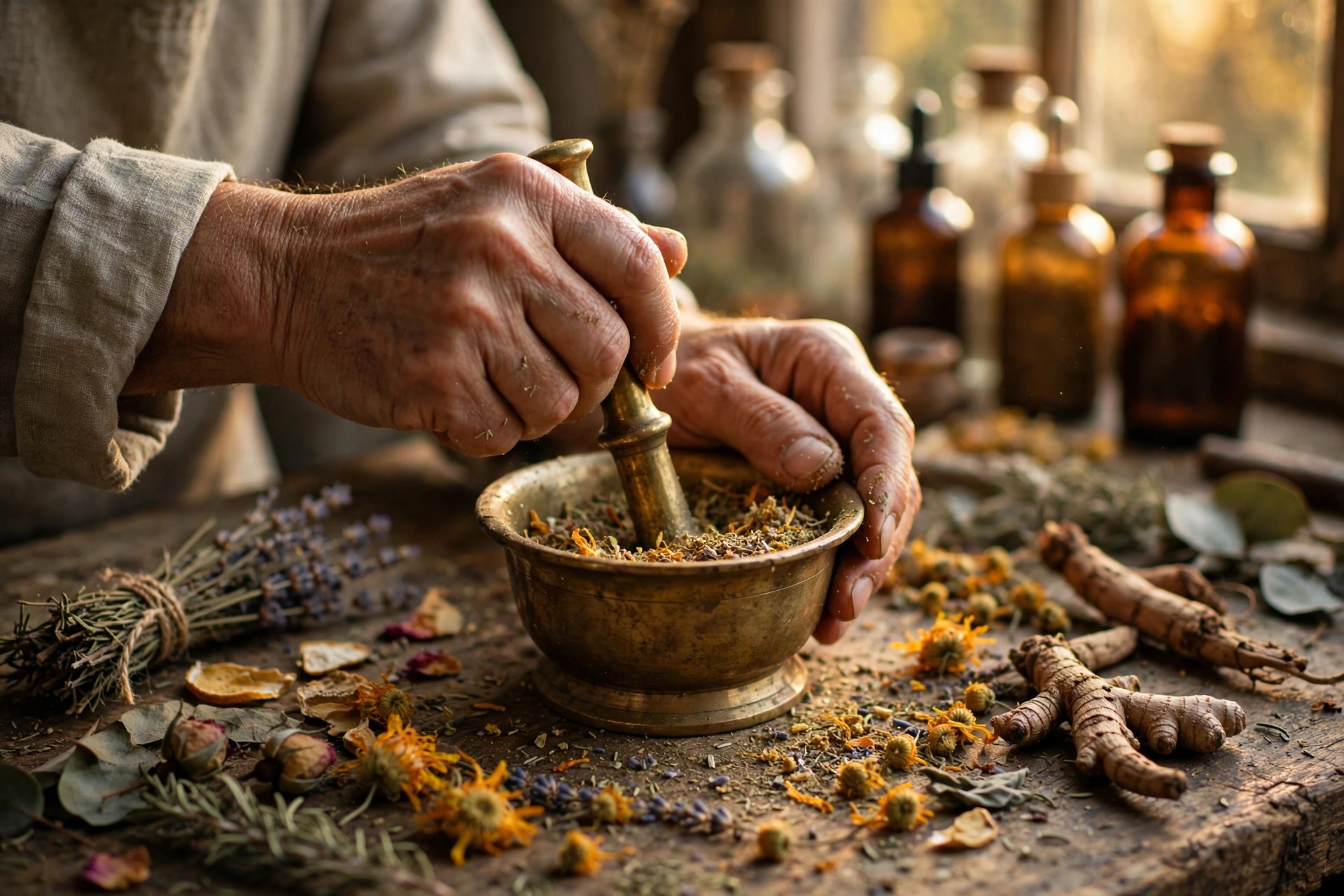 Las manos del boticario preparando productos naturales en su taller